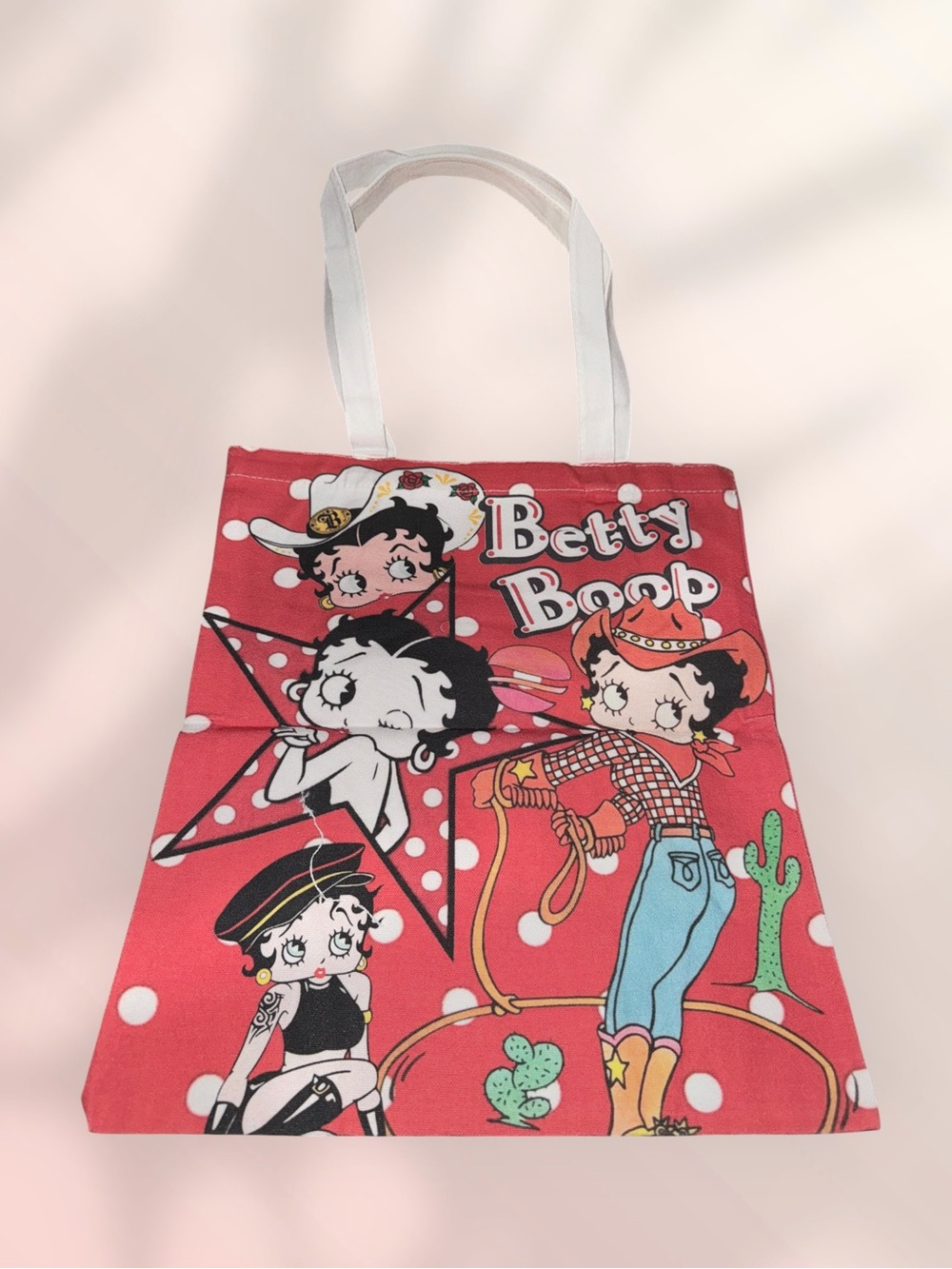 Betty Boop Kids Pink-Red Graphic Canvas Tote with white straps New